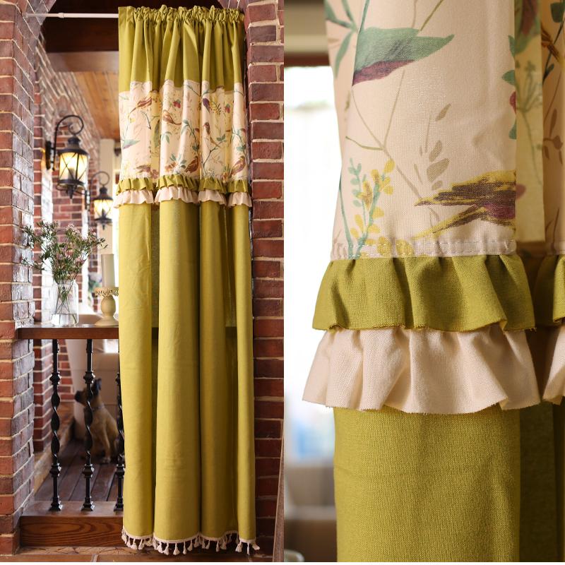 

American Linen Blended Curtain Flower Bird Curtain Dust Stitching Lotus Leaf Fringe Decor Dropshipping