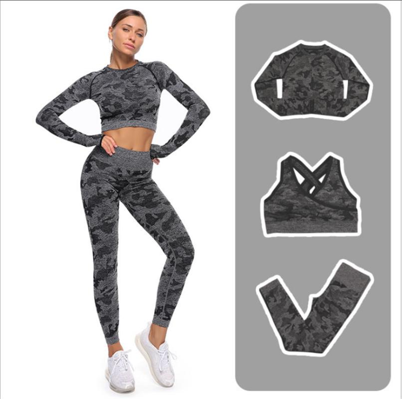 

3PCS Vital Camouflage Camo Yoga Set Sports Wear For Women Gym Fitness Yoga Pants + shirt+Sport Bra DS40, Green 2pcs set