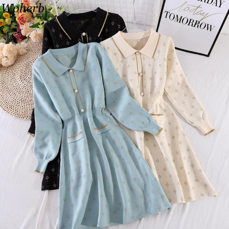 

Woherb Elegant Chic Korean Vestidos 2020 Autumn High Waist Slim Knitted Dress Glitter Print All Match Robe Sweater Dresses, Black