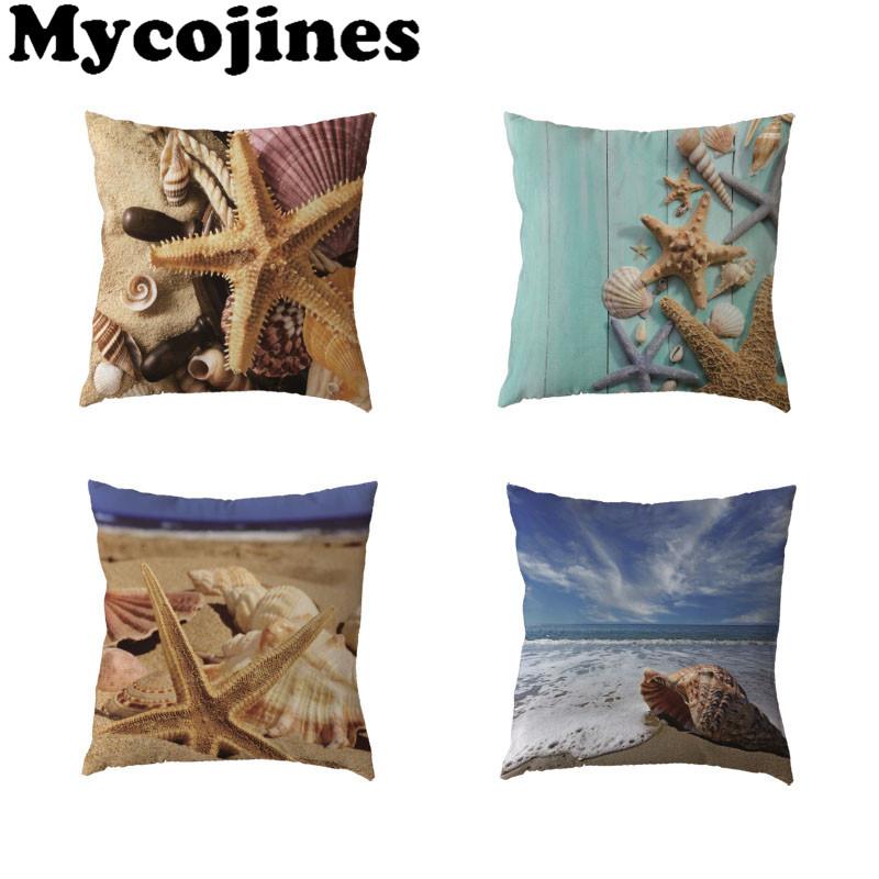 

Marine Style Cushion Cover 45cm Starfish Flower Seashell Beach Letter Sea Bedroom Sofa Decor Polyester Peach Skin Pillow Cases