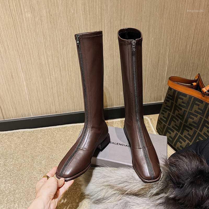

INS HOT Women knee-high boots Microfiber shoes plus size 22-26.5cm length autumn and winter Square toe front zipper long booties1, Black-winter