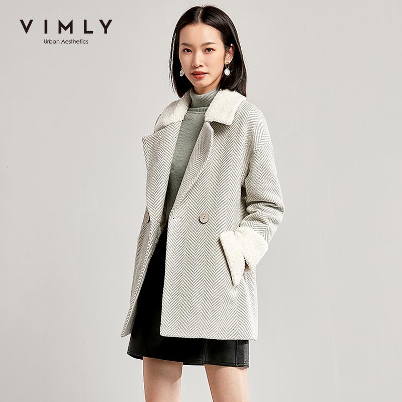 

Vimly Women Stripe Wool Coat Autumn Winter Vintage Lapel Double Breasted Thicken Pockets Jacket Female Overcoat 30121, Grey