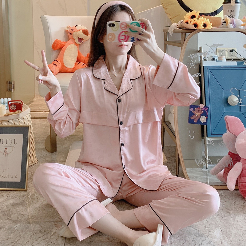 Summer Autumn Thin Silk Maternity Nursing Pajamas Breastfeeding Sleepwear Clothes for Pregnant Women Pregnancy Sleep Lounge Wear LJ201120