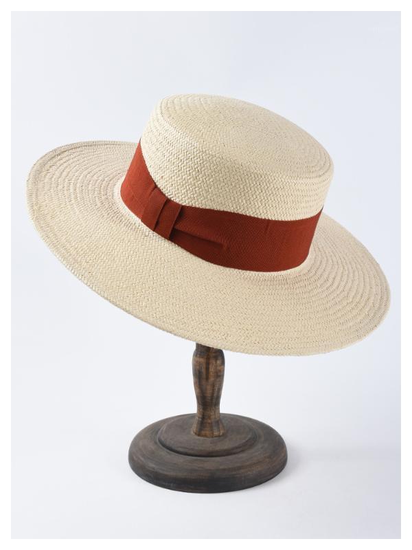 

MAXSITI U concise Raffia hat in summer new women's solid color bow flat top straw hat with large eaves sun1, Blue;gray
