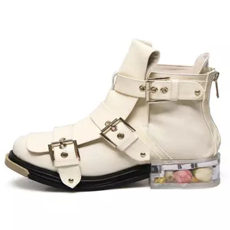 

and Gentlemen Ladies Pink Flowers Inside Lucency Sole Buckle Ankle Boots Runway Transrelative Leap Netherlands Leather Shoes Patent Mota, As pic