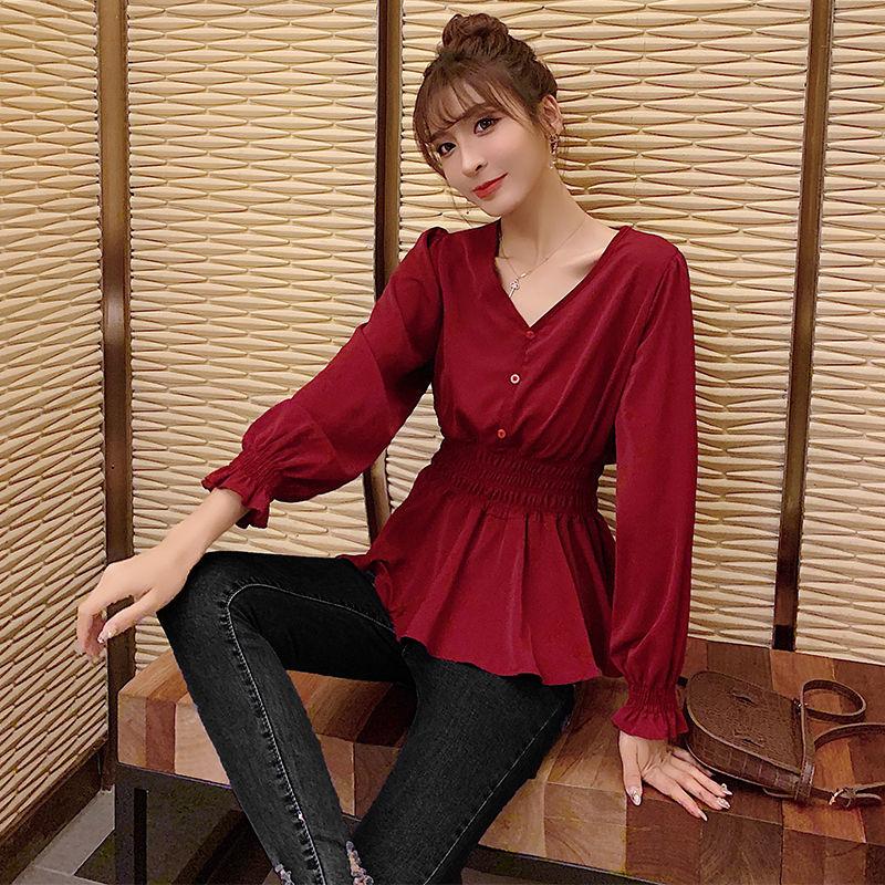 

2020 New Elegant Women' Autumn V-neck Single-breasted Thin Corduroy Single-breasted Elasted Waist Long Sleeve Blouse Shirts S21, Burgundy