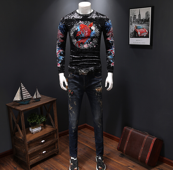 

Quality New High Velvet T-shirt with Long Sleeves Printed Men Style Usrg, Black