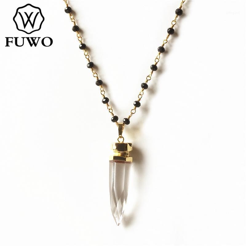 

Chains FUWO Natural Clear Quartz Pendant Necklace With Gold Winding Black Crystal Beads Chain Simple Cute Arrowhead Jewelry NC0871
