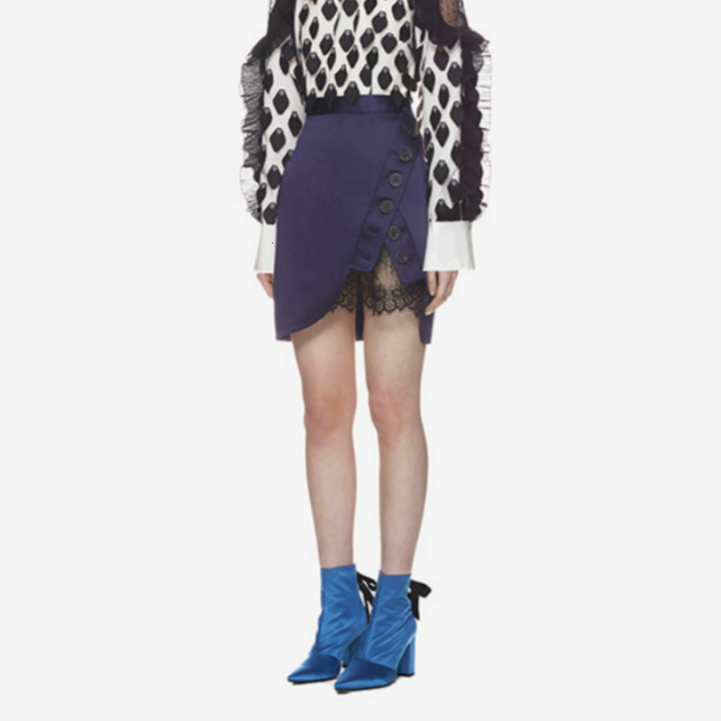 

Female Skirts Sexy New Mini Autumn Lace Ragged Luxury Buttons Thin Waist Korean Style Skirt High End 0jb9, Royal blue.