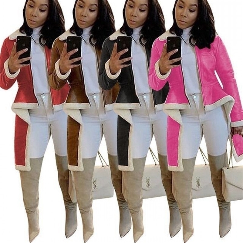 

Winter Lamb Wool Leather Patchwork Women Coats Stand Neck Long Sleeves Short Front Long Back Zipper Ruffles Fashion Jackets 201112, Khaki