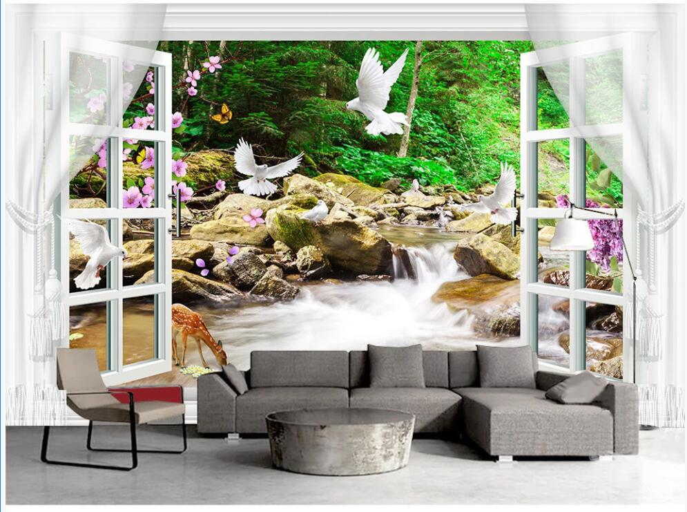 

3d wallpaper custom photo mural Scenery outside the window waterfall forest white dove 3d wall murals wallpaper for living room in rolls, Non-woven wallpaper
