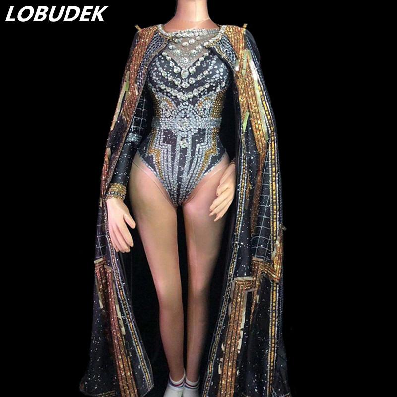 

Full Rhinestones Bodysuit Long Crystals Cloak Coat Luxurious Costume 2 Pieces Set Nightclub Bar DJ Singer Concert Stage Outfits, Coat only
