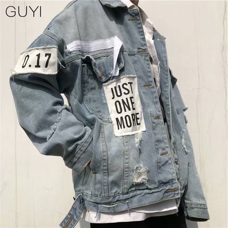 GUYI Retro Letter Ripped Denim Jackets Men Oversize Long Sleeve Hole Outerwear&coats Fashion Streetwear Hip Hop Jackets Casual 201118Z