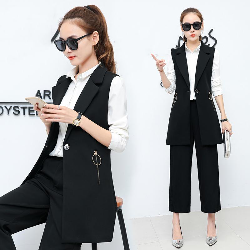 

Spring Autumn Women Black Vest Medium Long Slim Sleeveless Coats L9501008, As picture show