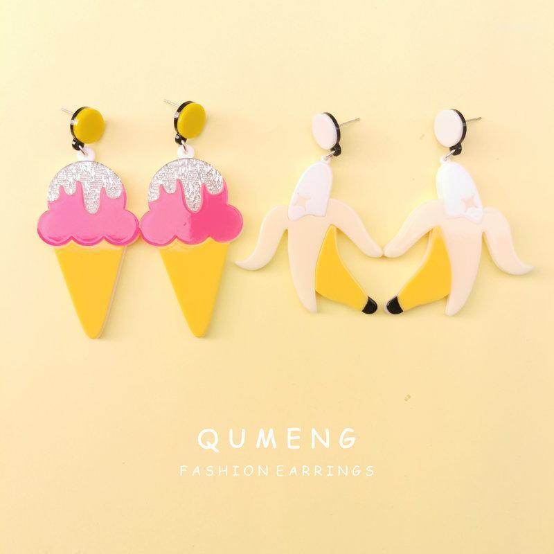

Stud QUMENG Korean 2021 Fashion Summer Acrylic Fruit Cream Big Earrings For Women Punk Cute Banana Long Party Jewelry1