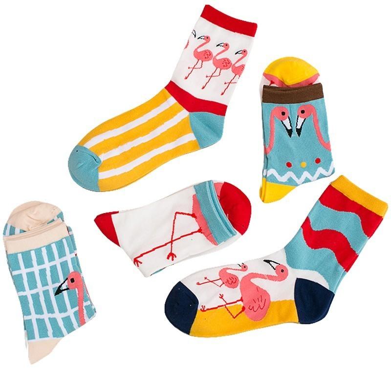 

Colorful Harajuku Woman Funny Flamingo Winter Wine Happy Girl Ankle Cartoon Cotton Socks hosiery women Art Crazy Fancy lingerie, Black;white