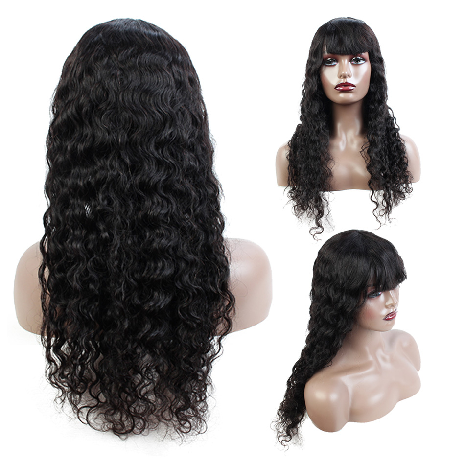 

Quality Brazilian Human Hair Wigs With Bangs Full Machine Made No Lace Human Hair Wigs Brazilian Water Wave Hair Wig 10-28 inch, Natural color