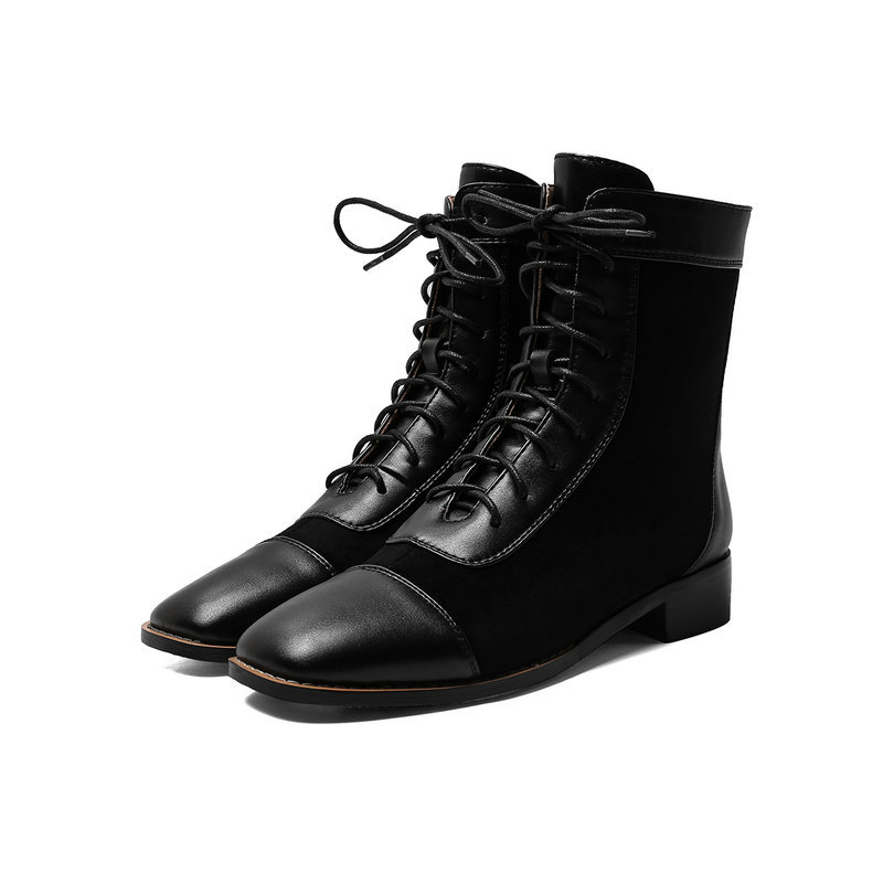 

2021 New Round Toe Lace Up + Ankle Square Heel Autumn Winter Women Shoes Superfine Fiber Short Boots Size 34-43 Qef6, Black