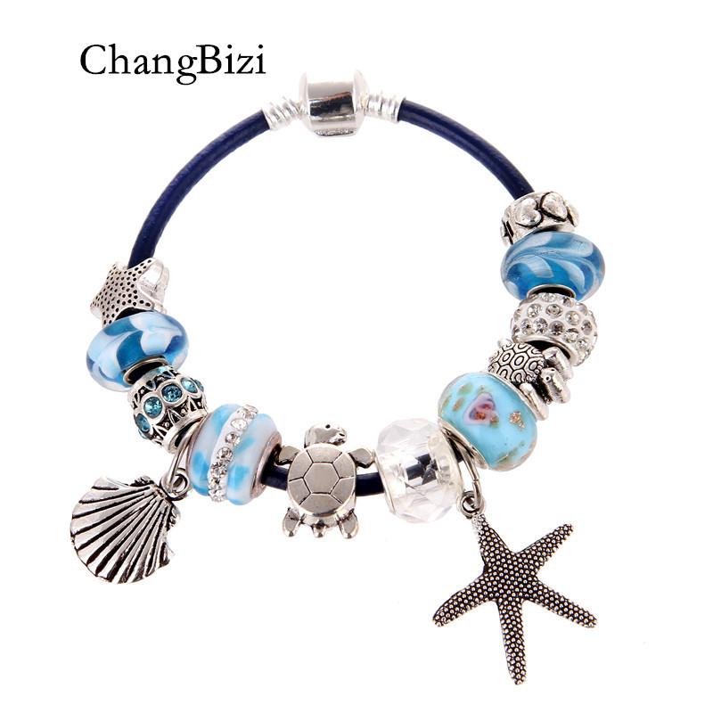 

YILIANFEI Blue Leather Cord Ocean Series DIY Crystal/Glass Beadas fashion lovely Charm Bracelets & Bangles Woman Gift BT0035