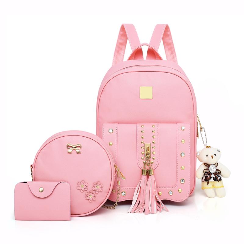 

Backpack Style Fashion PU Leather Women Shoulder Bag High Quality Rivet School Bags For Teenage Girls Tassel Female Travel Backpacks, Beige