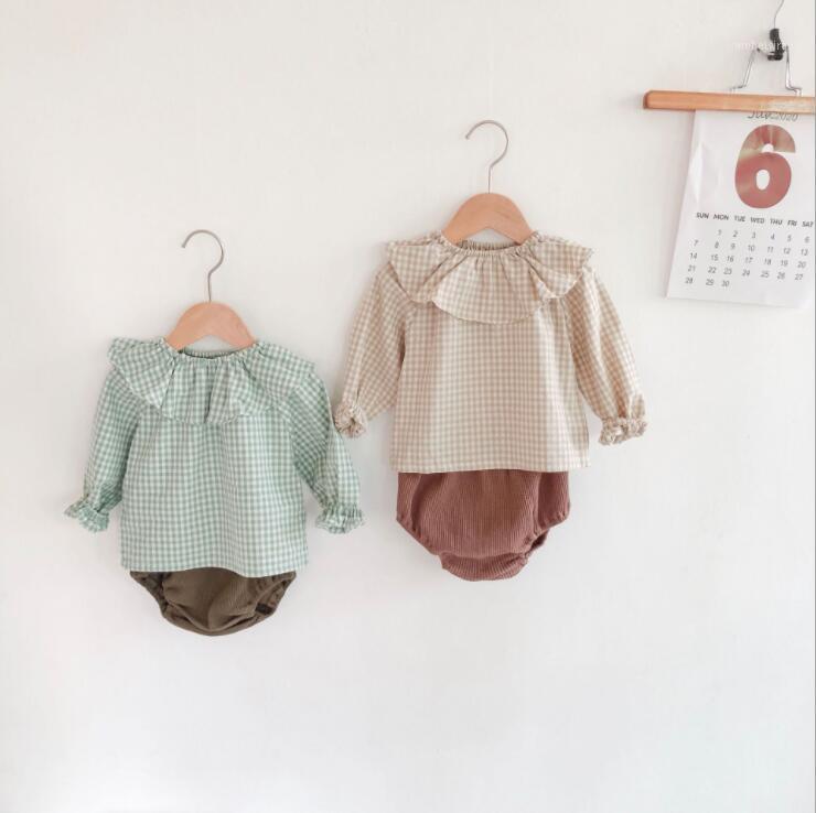 

2020 New Baby Girls 2 Pcs Set Ruffles Blouse+PP Shorts Autumnr Cotton Fashion Babys Suits 6-24 month QH9881, Sky blue