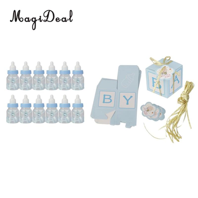 

12xBlue Candy Boxes Baby Shower Boy Favors +12xMini Fillable Sweets Bottles