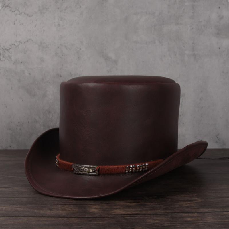 

Women Men Leather Top Hat President Traditional Fedoras Hat Magician Cowboy Cosplay Party Caps Dropshiping 3Size 13CM Top, Black