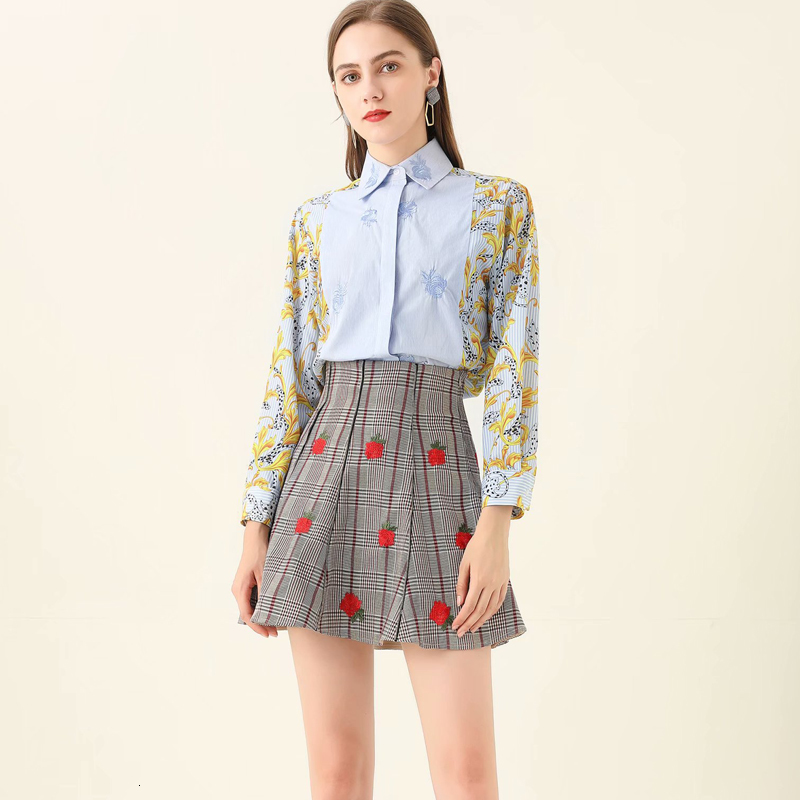 

2021 New Autumn Retro Ethnic Style Flowers Embroidered Striped Printing Shirt Long Sleeves Chess Sock Skirt of Women Two-piece Suit Sozf, Multiple
