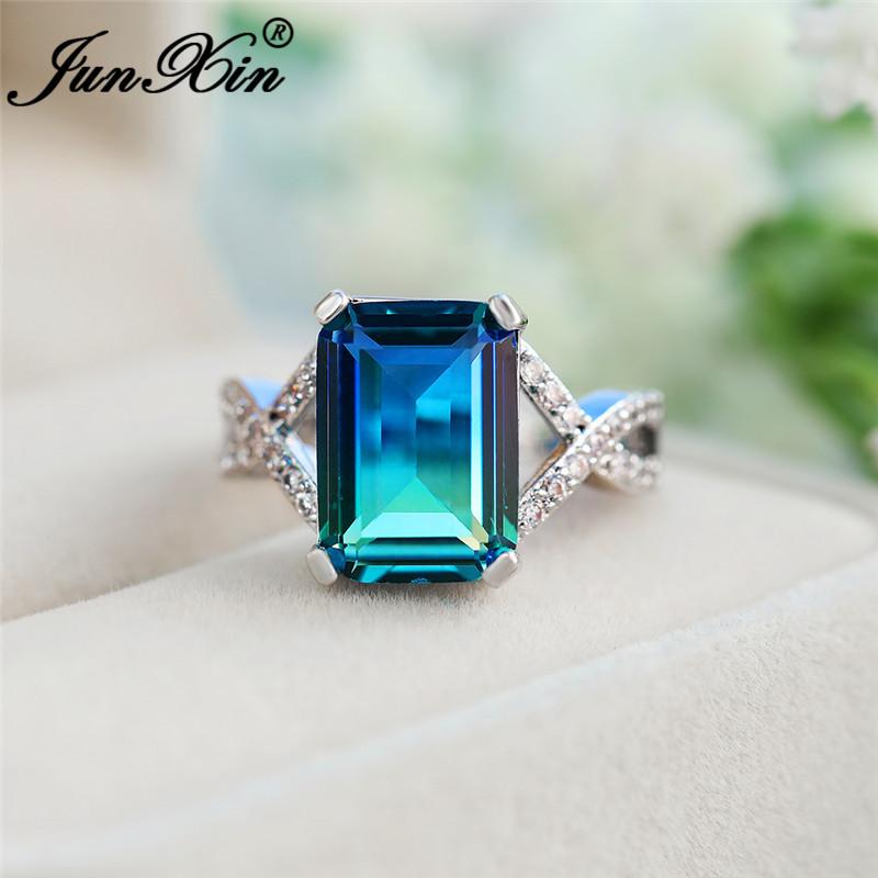 

Vintage Cross X Ring White Gold Rectangle Rainbow Fire Crystal Stone Rings For Women Pink Blue Green Zircon Wedding Bands
