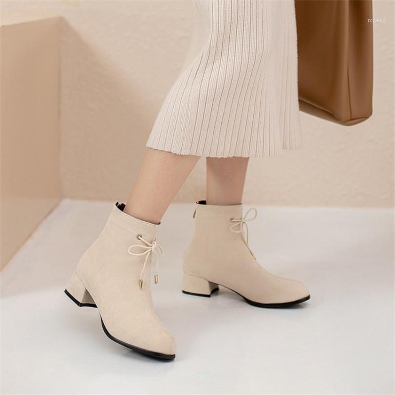 

PXELENA Eegant Ankle Boots Bowtie Chunky Mid Heels Round Toe Back Zip Foux Suede Short Boots Woman Plus Size 34-45 Autumn New1, Beige
