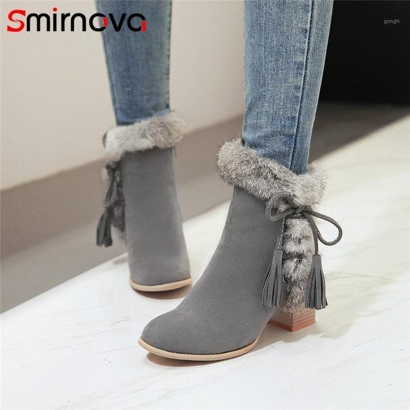 

Smirnova 2020 new prevail women winter boots round toe fringe solid square heels high heel boots zip ankle for female1, Black