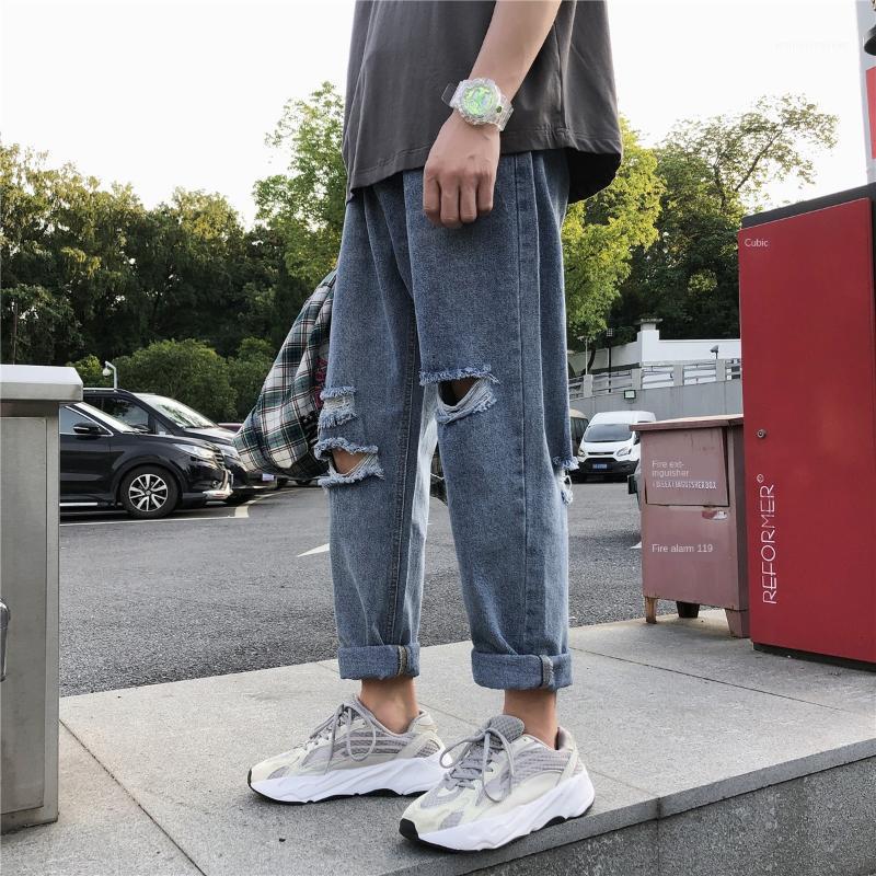 

Boys' pants ins Harajuku fashion jeans Korean loose straight beggar pants summer hole ankle-length1, Blue