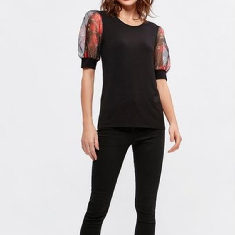 

Sexy Floral Printed t-shirt Women Transparent Butterfliy Sleeve Mesh Tops Black Sheer Slim Ladies Round Neck Tee Shirt