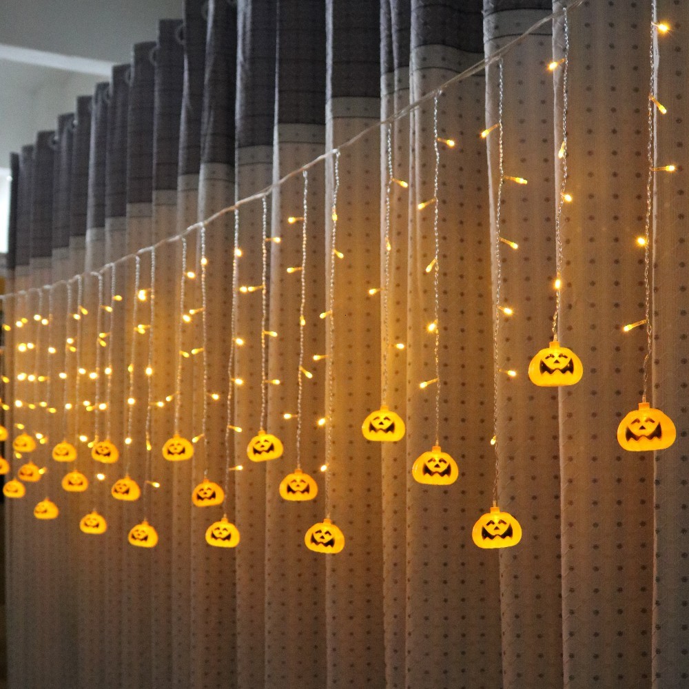 

2021 New 3.5m/5m Pumpkin Led Icicle Curtain String Lights Halloween Ghost Skull Decorative Garland for Christmas Garden Outdoor Tpt7