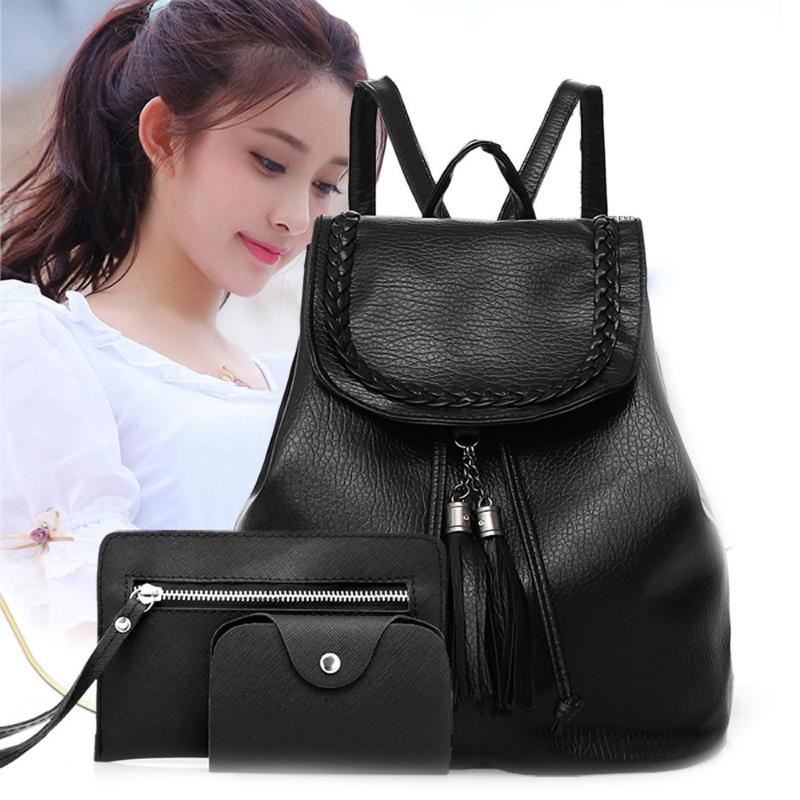 

3 PCS Women Bag Fashion Leather Composite Bag Large Backpacks Three Sets Of Shoulder For Teenage Girl Waterproof Travel, Black