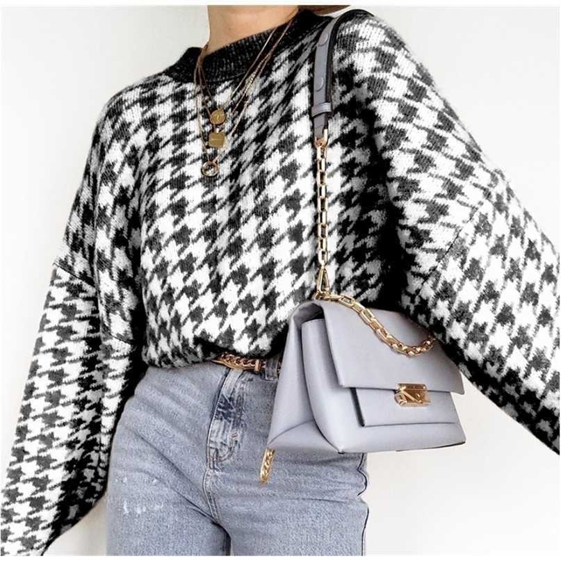 

Casual Houndstooth Lady Pullover Sweater Autumn Retro Jumper Geometric Blue Knitted Femme 220209, Black