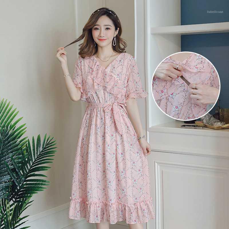

Short Sleeve Maternity Dresses Summer Pink Chiffon Nursing Dress Floral Long Dress for Pregnant Women Breastfeeding Summer1