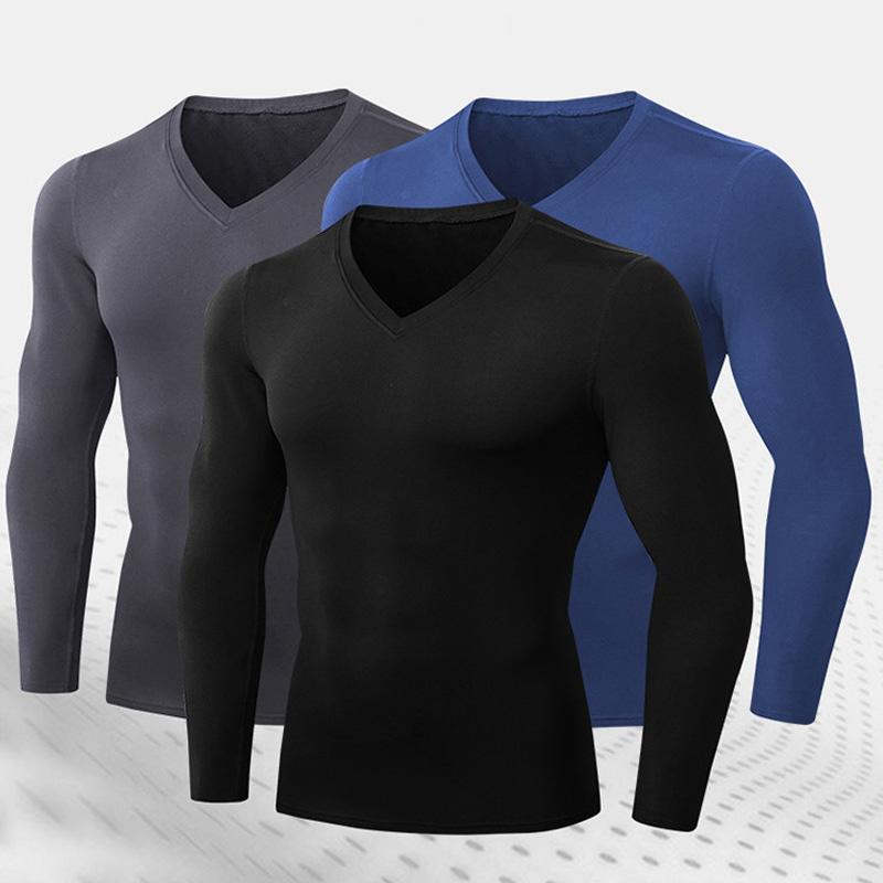 

New Men Quick Dry Compression Tight v-Neck Sport Shirts Fitness Gym Shirt Elastic Running Top Velvet Training t-Shirt Activewear, Black