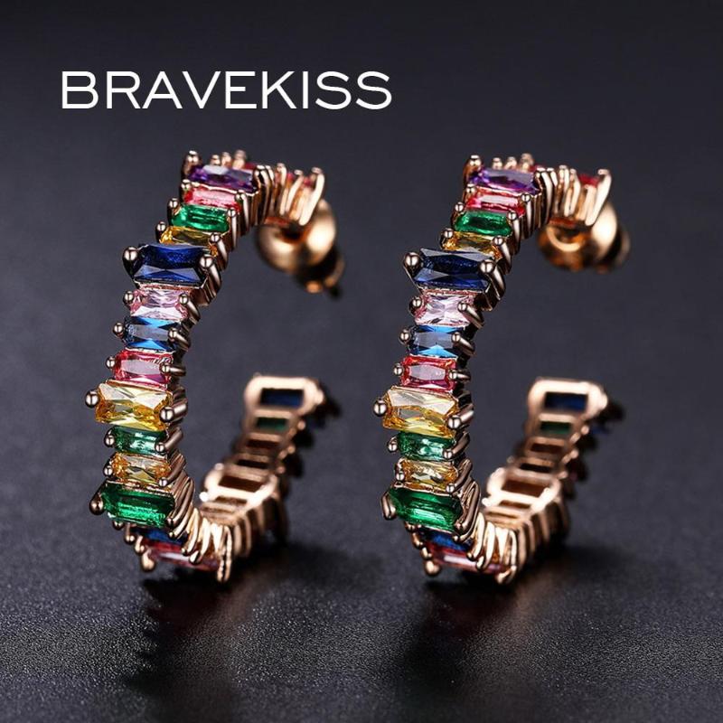 

BRAVEKISS Multicolor Luxury hoop Earrings Round For Women Rainbow Charm Cubic Zircon Korean Earrings Sieraden Jewelry BUE0607