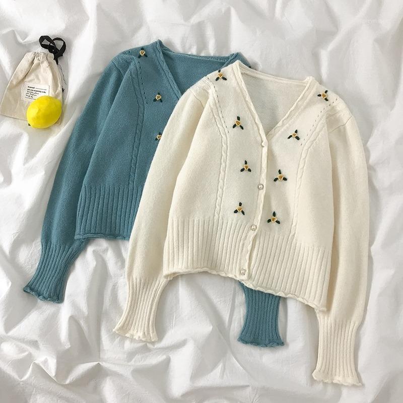 

New Women Sweet Korean Short Cardigan Fashion Spring Autumn Long Sleeve Button Up Sweater Woman Floral Embroidery Crop Tops1, Blue
