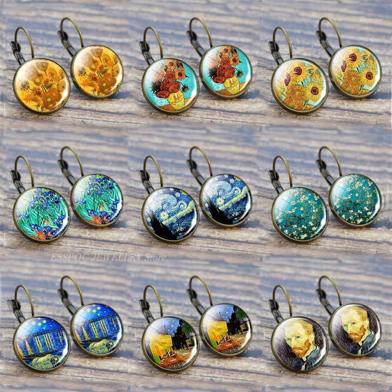 

Gogh Earring Fashion France Stud Earrings Glass Cabochon Jewelry Starry Night Sunflower Ear Hook Women Girl Lover Gift1