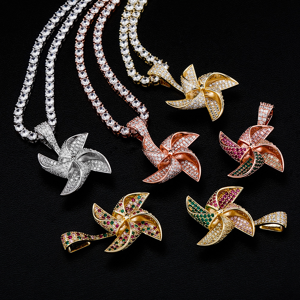 

New Rotatable Windmill Pendant Necklace 18K Gold Colorful Iced Out Cubic Zirconia Hip Hop Fashion Charm Jewelry For Birthday Gift Men Women