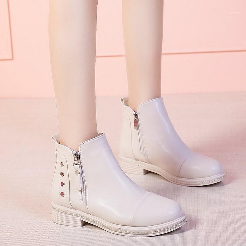 

2020 Autumn Women Ankle Boots Casual Zipper Round Toe Fashion Motorcycle Boots Platform Thick Sole Female Short1, Creamy-white