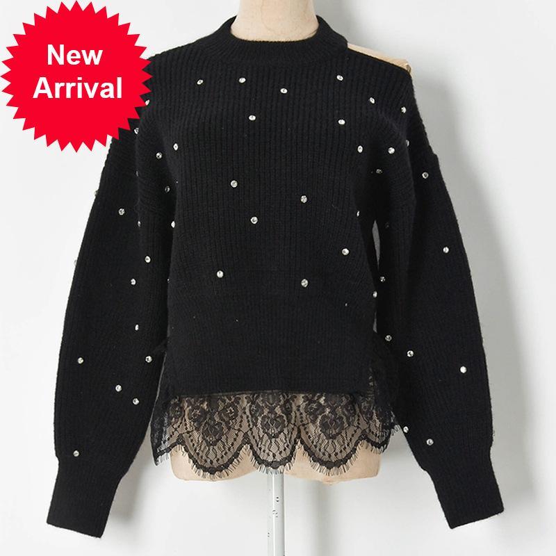 

2021 New Autumn Hollow Fashion Off the Shoulder Sweaters Soft Women Luxury Rentals in New Crocheted Design Tops 4onm, Black