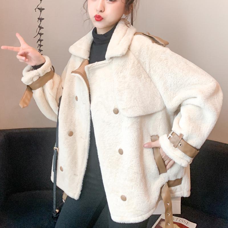 

Lucyever All Match Faux Fur Coat Women Winter Thick Warm Turn Down Collar Furry Overcoat Korean Style Patchwork Buckle Coats, Beige