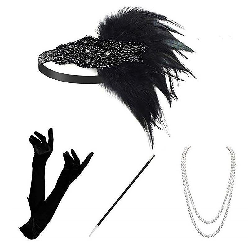 

Halloween Accessories Headband Necklace Gloves Cigarette Holder Flapper Costume Accessories Set for Women