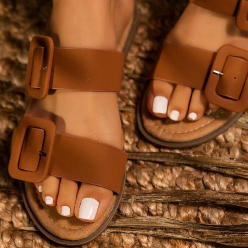 

Summer Women Sandals Wholesale Flat Slippers Dropshipping Solid Color Double Buckle Open Toe Beach Outdoor Woman Slides, Black
