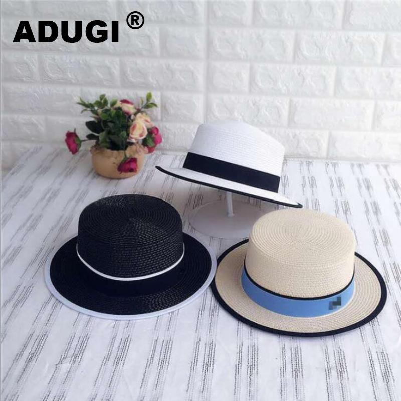 

ADUGI Summer Flat Top Hat Ladies Sunscreen Sun Hat Beach Sun Outdoor Travel Wild Straw Female Couple Tide, White