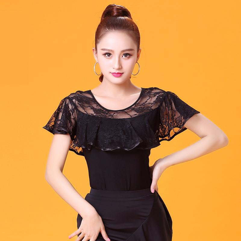 

2021 Lace Flowers Short Sleeve Modern Latin Dance Clothes Top for Women/female/lady,Vogue Ballroom Costume Performance Wear, Black