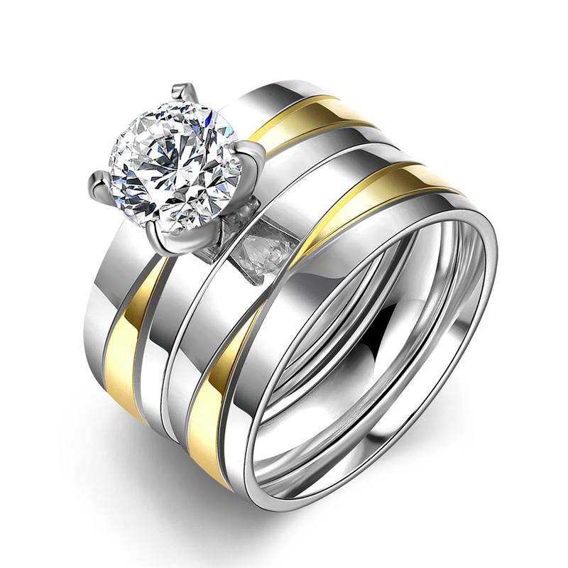 

2PCS/1SET Titanium Steel Gold Color Marriage Engagement Rings US Size 6-9 Women Jewelry